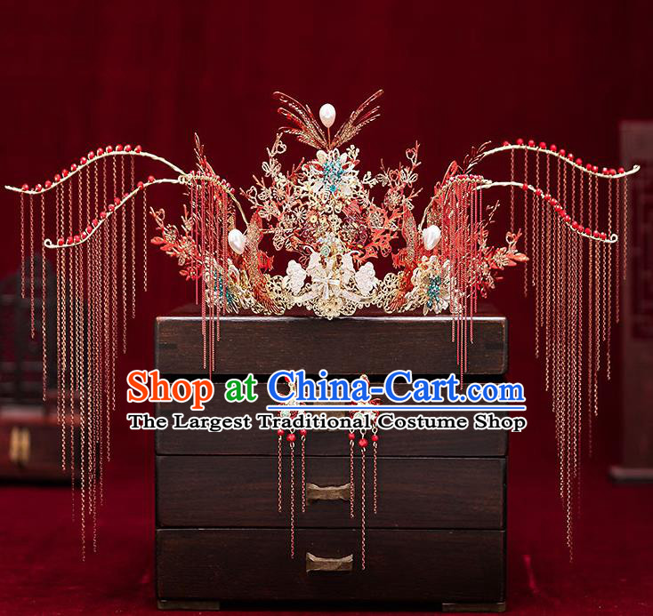 Chinese Handmade Red Tassel Phoenix Coronet Classical Wedding Hair Accessories Ancient Bride Hairpins Headwear Complete Set