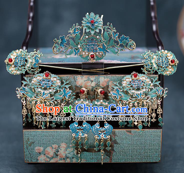 Chinese Handmade Blueing Hair Comb Classical Wedding Hair Accessories Ancient Bride Hairpins Hair Sticks Complete Set