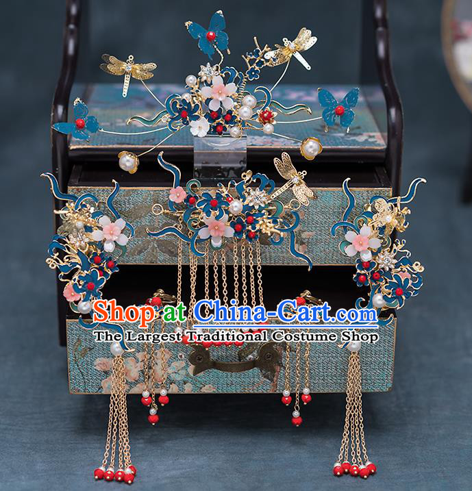 Chinese Handmade Blueing Dragonfly Hair Comb Classical Wedding Hair Accessories Ancient Bride Hairpins Tassel Hair Sticks Complete Set