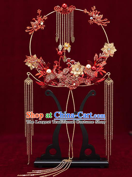 Chinese Handmade Palace Fans Classical Fans Ancient Bride Props Red Crystal Phoenix Tassel Fans