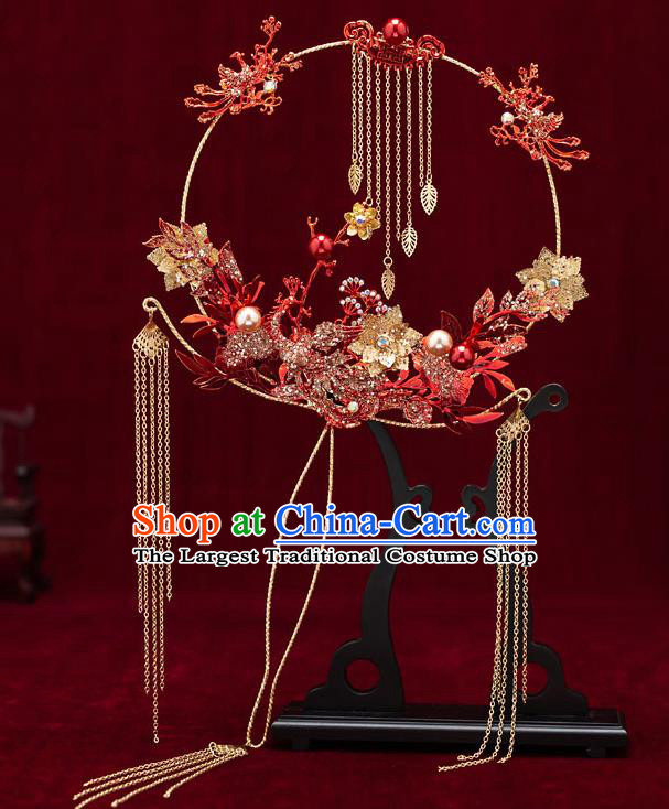 Chinese Handmade Palace Fans Classical Fans Ancient Bride Props Red Crystal Phoenix Tassel Fans