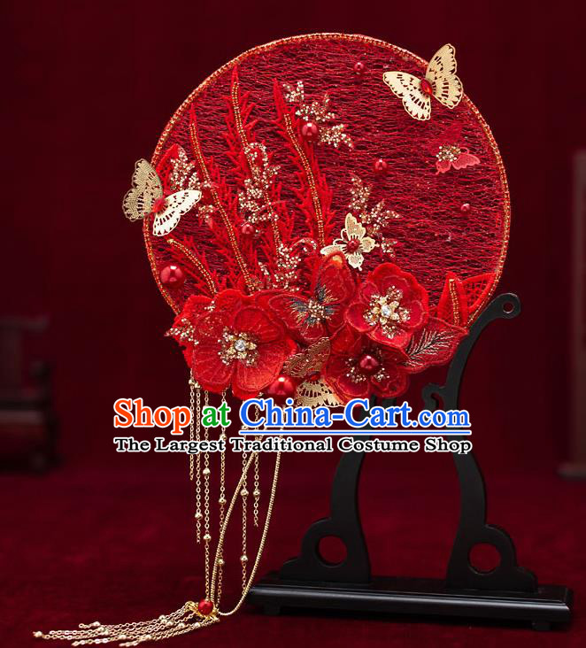 Chinese Handmade Wedding Red Lace Palace Fans Classical Fans Ancient Bride Flowers Butterfly Round Fans