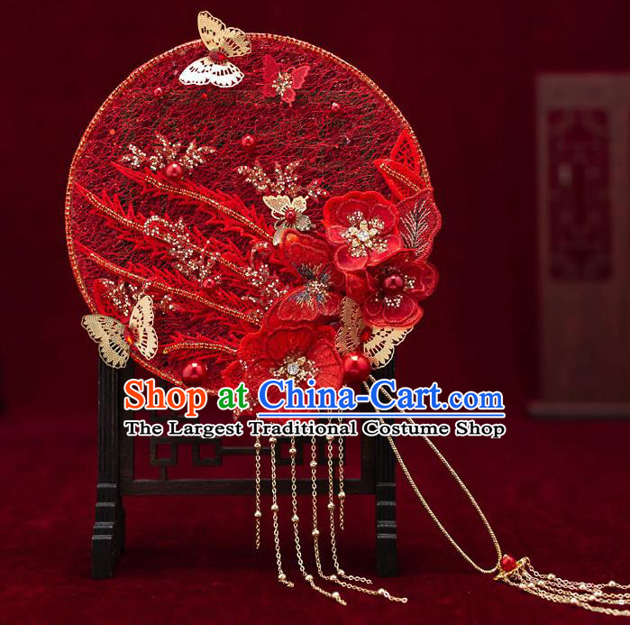 Chinese Handmade Wedding Red Lace Palace Fans Classical Fans Ancient Bride Flowers Butterfly Round Fans