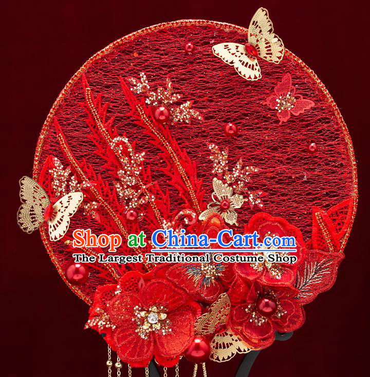 Chinese Handmade Wedding Red Lace Palace Fans Classical Fans Ancient Bride Flowers Butterfly Round Fans