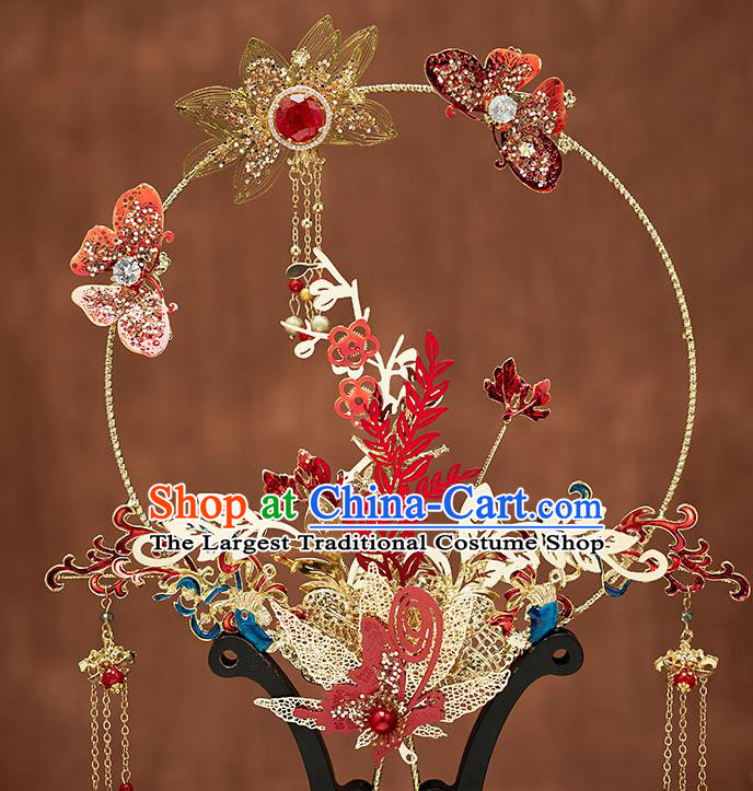 Chinese Handmade Golden Lotus Palace Fans Classical Fans Ancient Bride Props Red Butterfly Fans