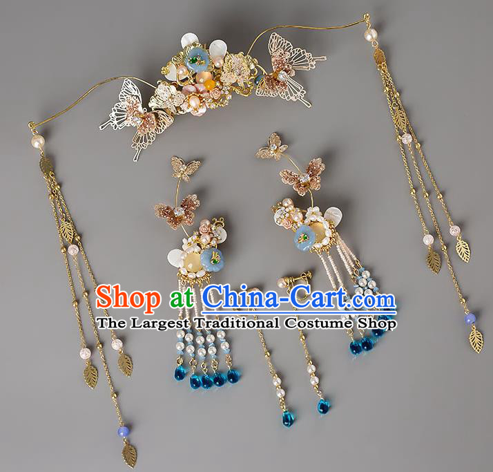 Chinese Handmade Butterfly Hair Crown Classical Wedding Hair Accessories Ancient Bride Hairpins Hair Sticks Complete Set