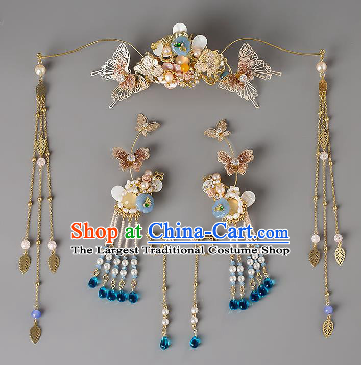 Chinese Handmade Butterfly Hair Crown Classical Wedding Hair Accessories Ancient Bride Hairpins Hair Sticks Complete Set