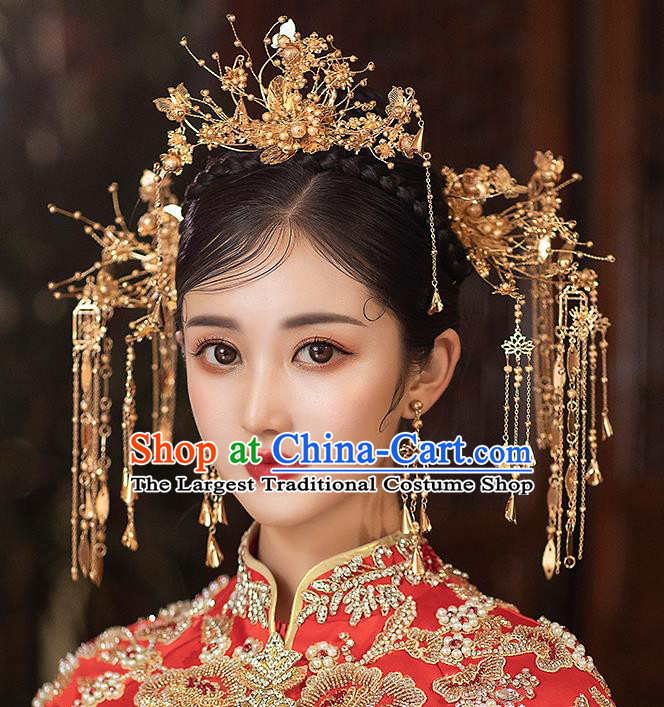 Chinese Handmade Golden Hair Crown Classical Wedding Hair Accessories Ancient Bride Hairpins Tassel Step Shake Complete Set