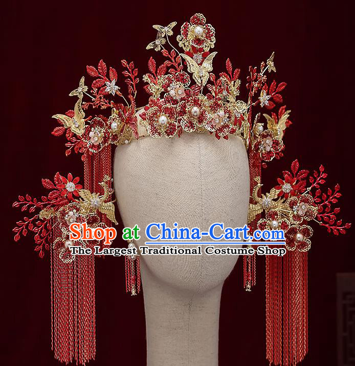 Chinese Handmade Red Tassel Hair Crown Classical Wedding Hair Accessories Ancient Bride Hairpins Complete Set