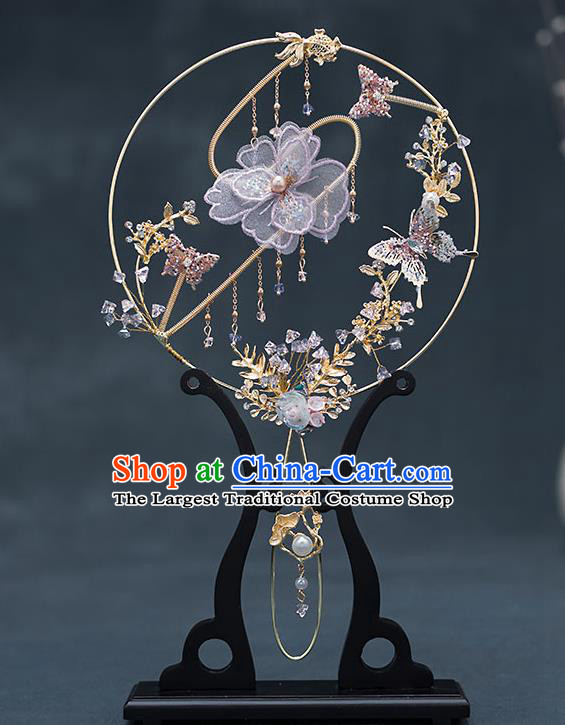 Chinese Handmade Lilac Silk Flowers Palace Fans Classical Fans Ancient Bride Props Round Fans