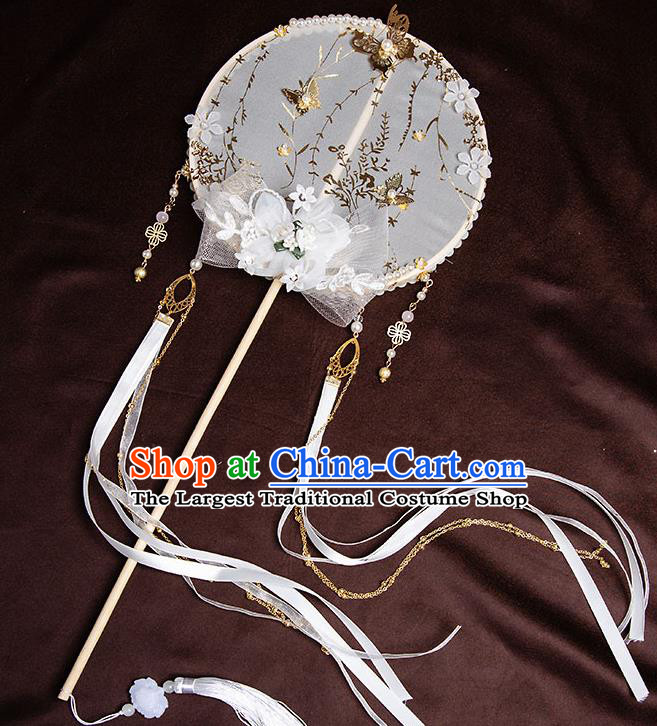 Chinese Handmade White Ribbon Palace Fans Classical Fans Ancient Bride Props Silk Flowers Round Fans