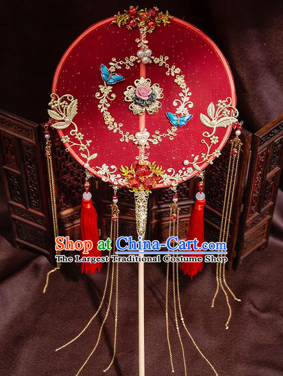 Chinese Handmade Tassel Palace Fans Classical Fans Ancient Bride Props Red Silk Round Fans