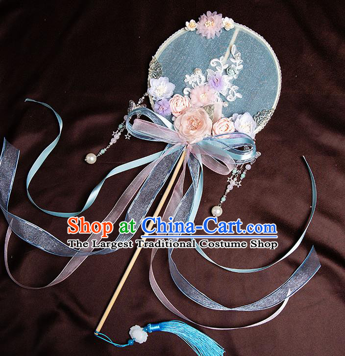 Chinese Handmade Silk Rose Flowers Palace Fans Classical Fans Ancient Bride Props Ribbon Round Fans