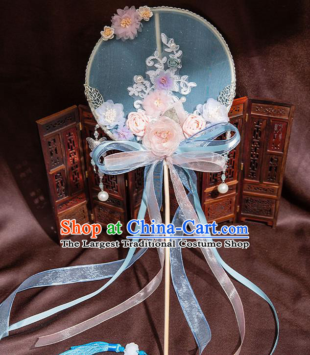 Chinese Handmade Silk Rose Flowers Palace Fans Classical Fans Ancient Bride Props Ribbon Round Fans