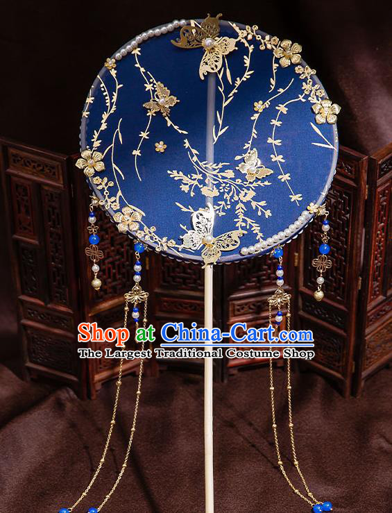 Chinese Handmade Royalblue Silk Palace Fans Classical Fans Ancient Bride Props Tassel Round Fans