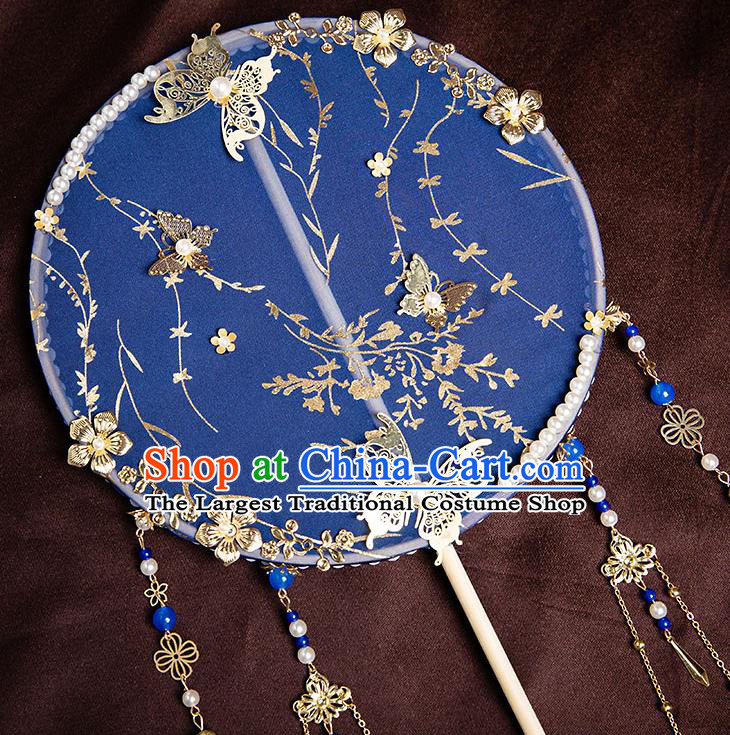 Chinese Handmade Royalblue Silk Palace Fans Classical Fans Ancient Bride Props Tassel Round Fans