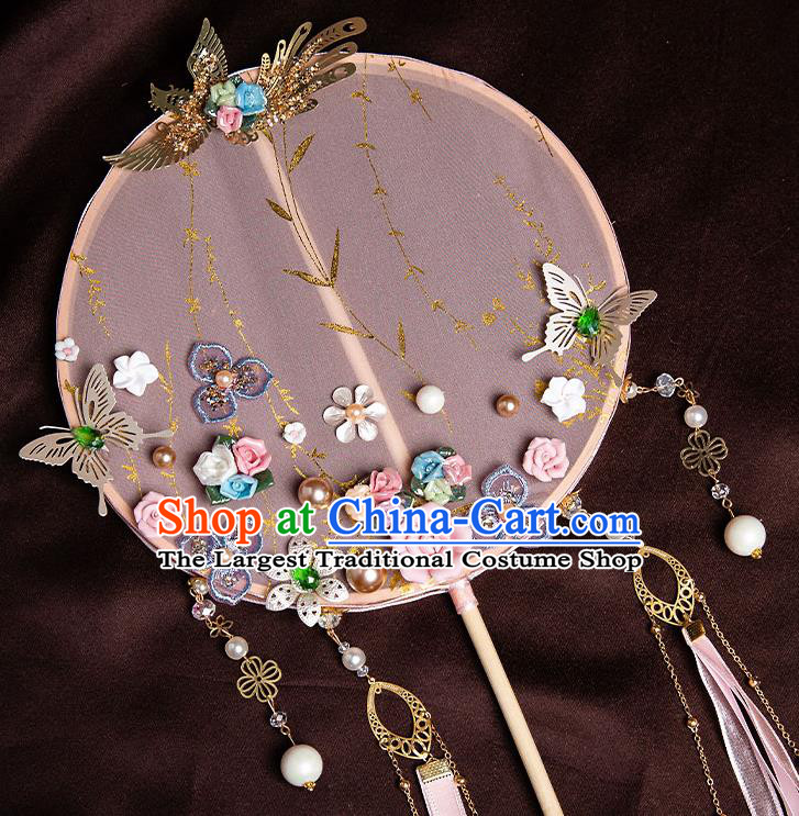 Chinese Handmade Pink Silk Palace Fans Classical Fans Ancient Bride Props Ribbon Tassel Round Fans
