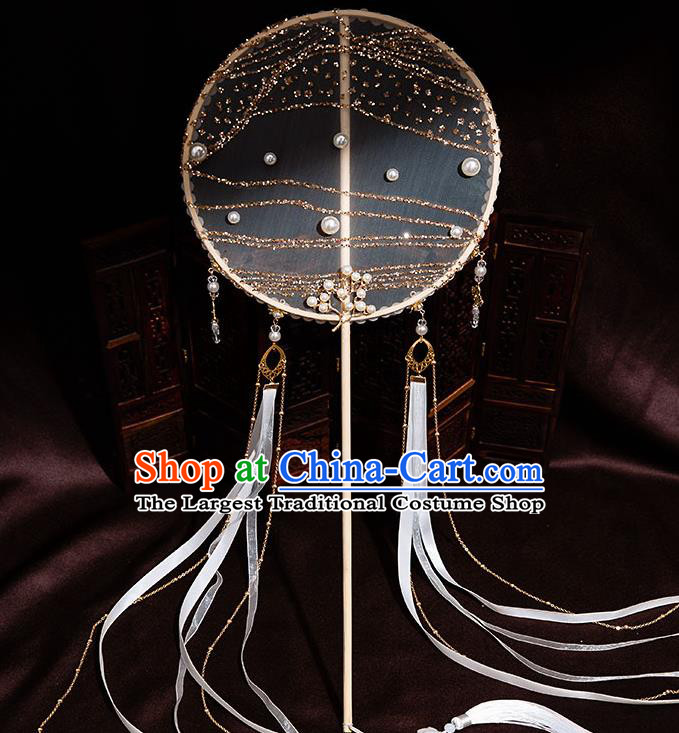 Chinese Handmade Silk Palace Fans Classical Fans Ancient Bride Props White Ribbon Tassel Round Fans