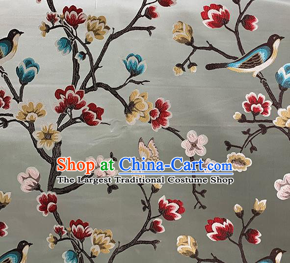Chinese Traditional Magpie Plum Pattern Grey Silk Fabric Brocade Drapery Hanfu Dress Damask Material