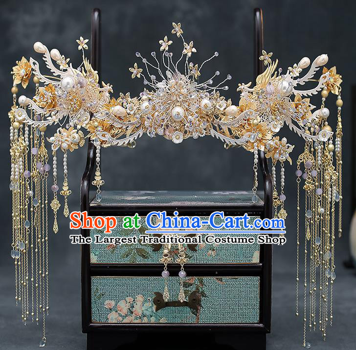 Chinese Handmade Golden Tassel Hair Crown Classical Wedding Hair Accessories Ancient Bride Phoenix Coronet Hairpins Complete Set