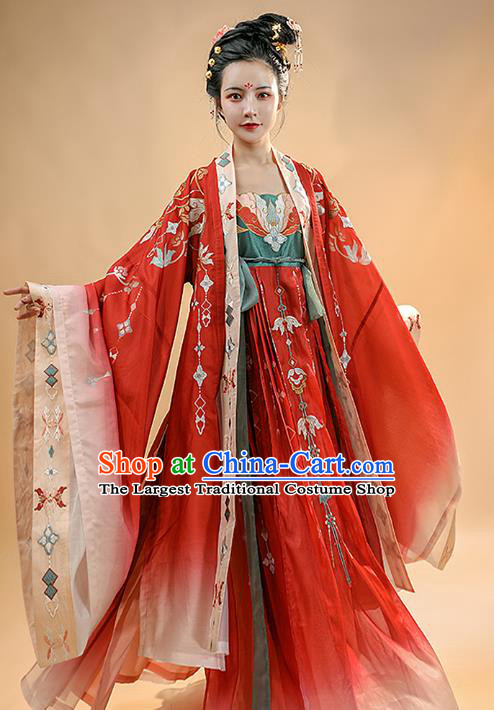 Chinese Ancient Tang Dynasty Imperial Concubine Historical Costumes Traditional Hanfu Apparels Embroidered Red Cape and Dress