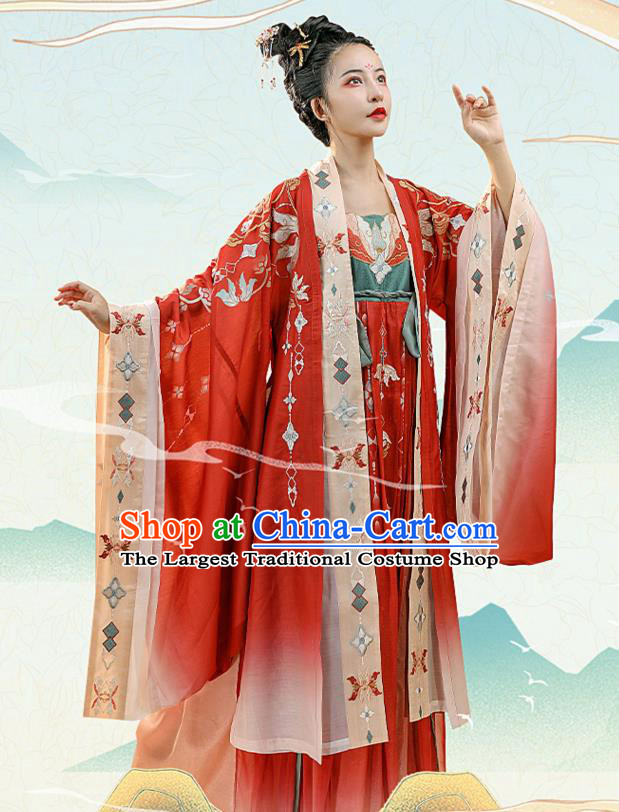 Chinese Ancient Tang Dynasty Imperial Concubine Historical Costumes Traditional Hanfu Apparels Embroidered Red Cape and Dress