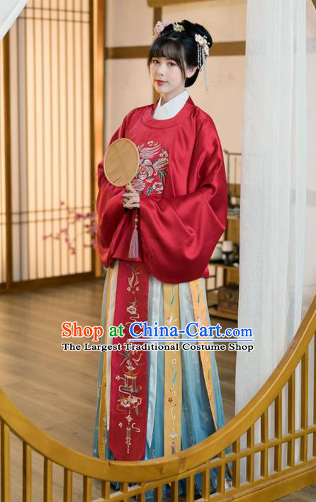 Chinese Traditional Ancient Ming Dynasty Court Female Hanfu Apparels Embroidered Red Blouse and Skirt Historical Costumes