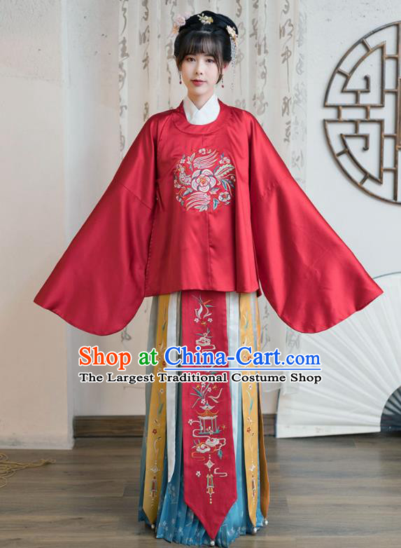 Chinese Traditional Ancient Ming Dynasty Court Female Hanfu Apparels Embroidered Red Blouse and Skirt Historical Costumes