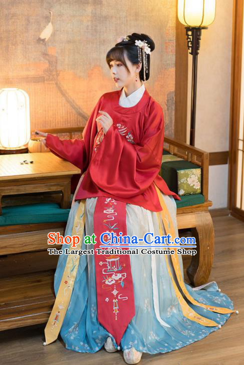 Chinese Traditional Ancient Ming Dynasty Court Female Hanfu Apparels Embroidered Red Blouse and Skirt Historical Costumes