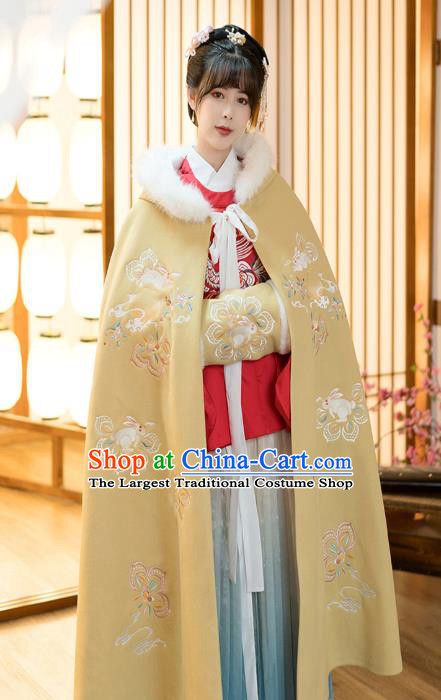 Chinese Traditional Ancient Court Lady Hanfu Apparels Ming Dynasty Historical Costumes Embroidered Yellow Woolen Cloak