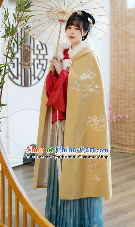 Chinese Traditional Ancient Court Lady Hanfu Apparels Ming Dynasty Historical Costumes Embroidered Yellow Woolen Cloak