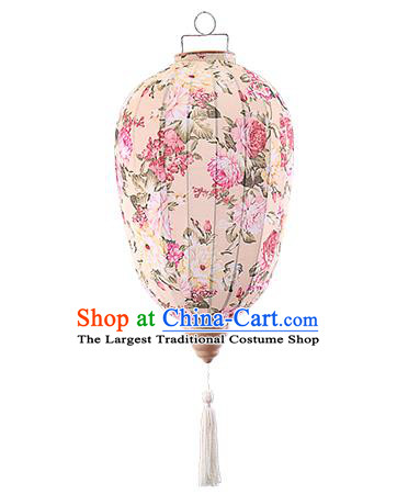 Chinese Traditional Printing Peony Beige Palace Lanterns Handmade Hanging Lantern Classical Festive New Year Lamp