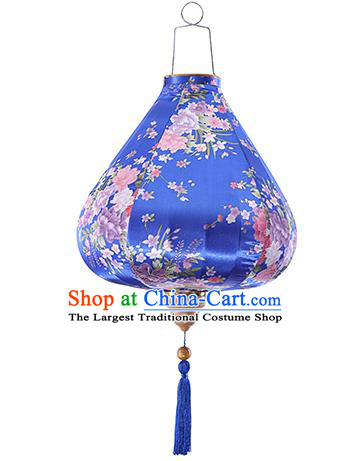 Chinese Traditional Printing Daffodil Deep Blue Palace Lanterns Handmade Hanging Lantern Classical Festive New Year Satin Lamp