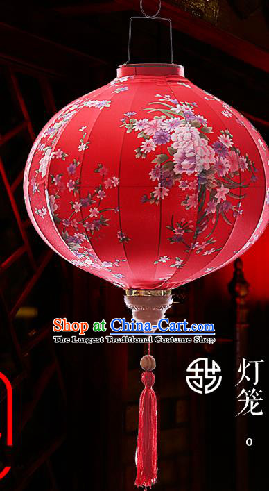 Chinese Handmade Printing Flowers Red Satin Palace Lanterns Traditional New Year Hanging Lantern Classical Mid Autumn Festival Lamp