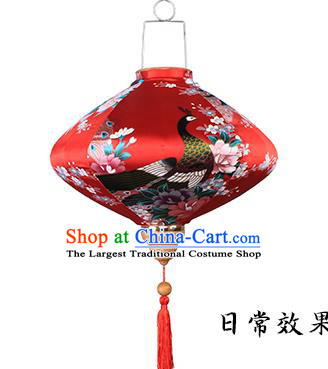 Handmade Chinese Printing Peacock Maroon Satin Palace Lanterns Traditional New Year Lantern Classical Festival Silk Lamp