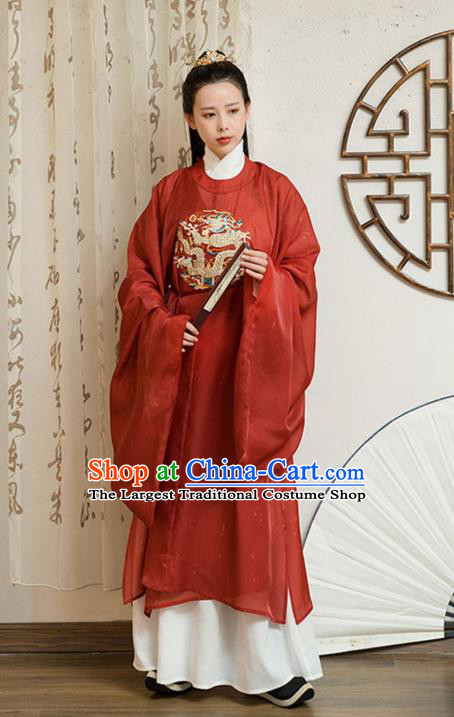 Chinese Traditional Song Dynasty Historical Costumes Ancient Scholar Hanfu Apparels Embroidered Red Robe and Undergarments for Men