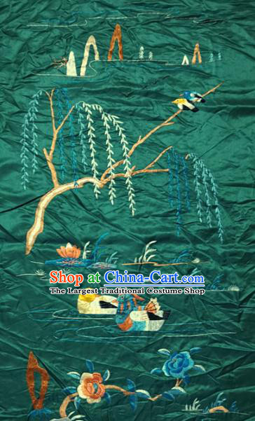 Traditional Chinese Embroidered Mandarin Duck Fabric Hand Embroidering Dress Applique Embroidery Deep Green Silk Patches Accessories