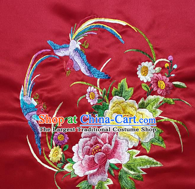 Traditional Chinese Embroidered Peony Birds Fabric Hand Embroidering Dress Round Applique Embroidery Red Silk Patches Accessories