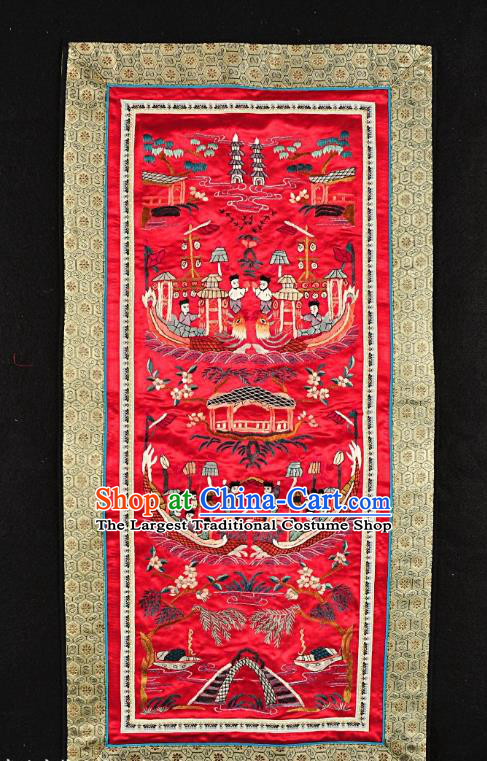 Traditional Chinese Embroidered Dragon Boat Race Decorative Painting Hand Embroidery Red Silk Picture Craft