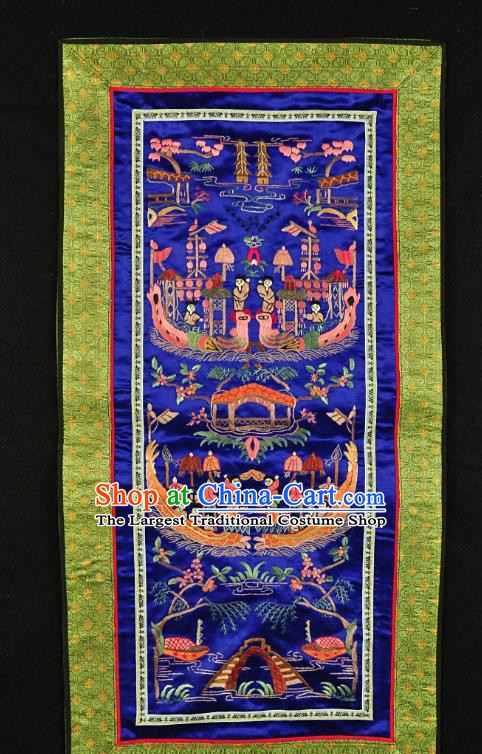 Traditional Chinese Embroidered Dragon Boat Race Decorative Painting Hand Embroidery Royalblue Silk Picture Craft