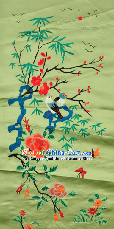 Traditional Chinese Embroidered Plum Peony Birds Decorative Painting Hand Embroidery Green Silk Picture Craft