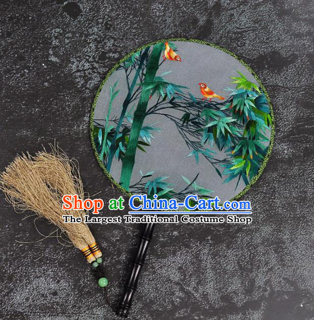 Chinese Traditional Embroidered Palace Fans Craft Handmade Embroidery Bamboo Birds Round Fan Silk Fan