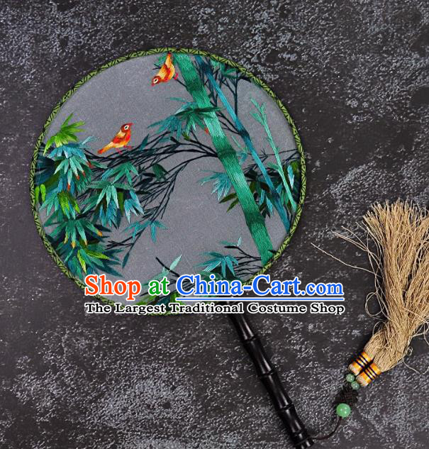 Chinese Traditional Embroidered Palace Fans Craft Handmade Embroidery Bamboo Birds Round Fan Silk Fan