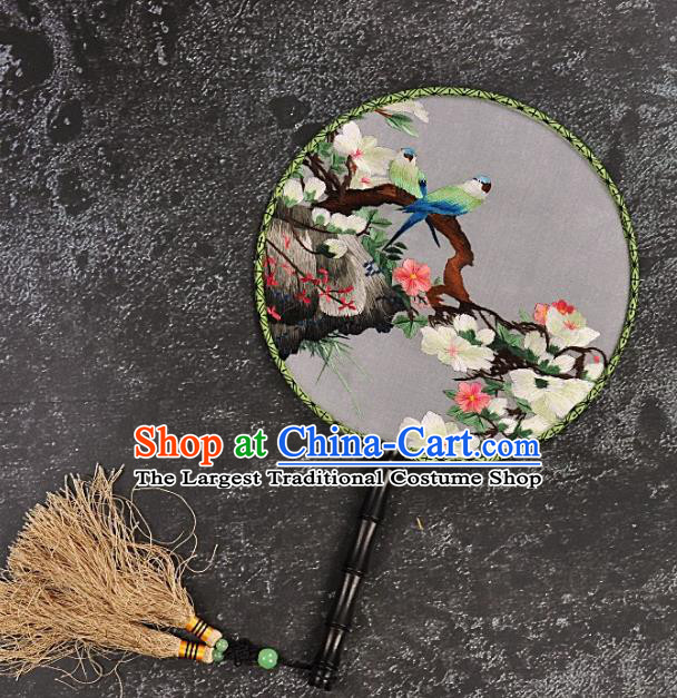 Chinese Traditional Embroidered Peach Blossom Palace Fans Craft Handmade Embroidery Birds Round Fan Silk Fan