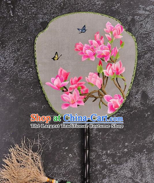 Chinese Traditional Embroidered Yulan Magnolia Silk Fans Craft Handmade Embroidery Palace Fan