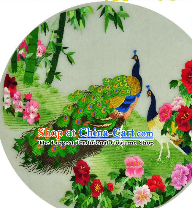 Traditional Chinese Embroidered Peacock Peony Decorative Painting Hand Embroidery Silk Round Wall Picture Craft