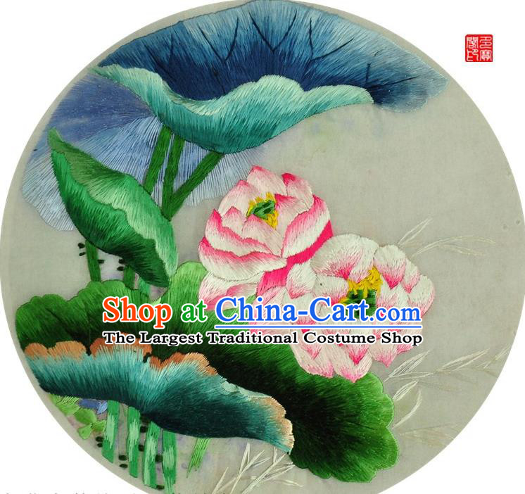 Traditional Chinese Embroidered Pink Lotus Decorative Painting Hand Embroidery Silk Round Wall Picture Craft