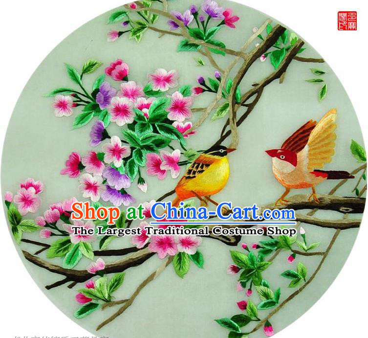 Traditional Chinese Embroidered Birds Decorative Painting Hand Embroidery Flowers Silk Round Wall Picture Craft