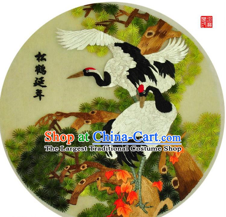 Traditional Chinese Embroidered Crane Pine Decorative Painting Hand Embroidery Silk Round Wall Picture Craft