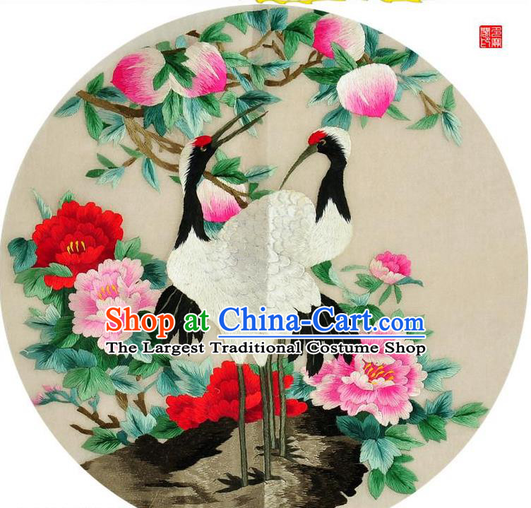 Traditional Chinese Embroidered Crane Peony Decorative Painting Hand Embroidery Peach Silk Round Wall Picture Craft